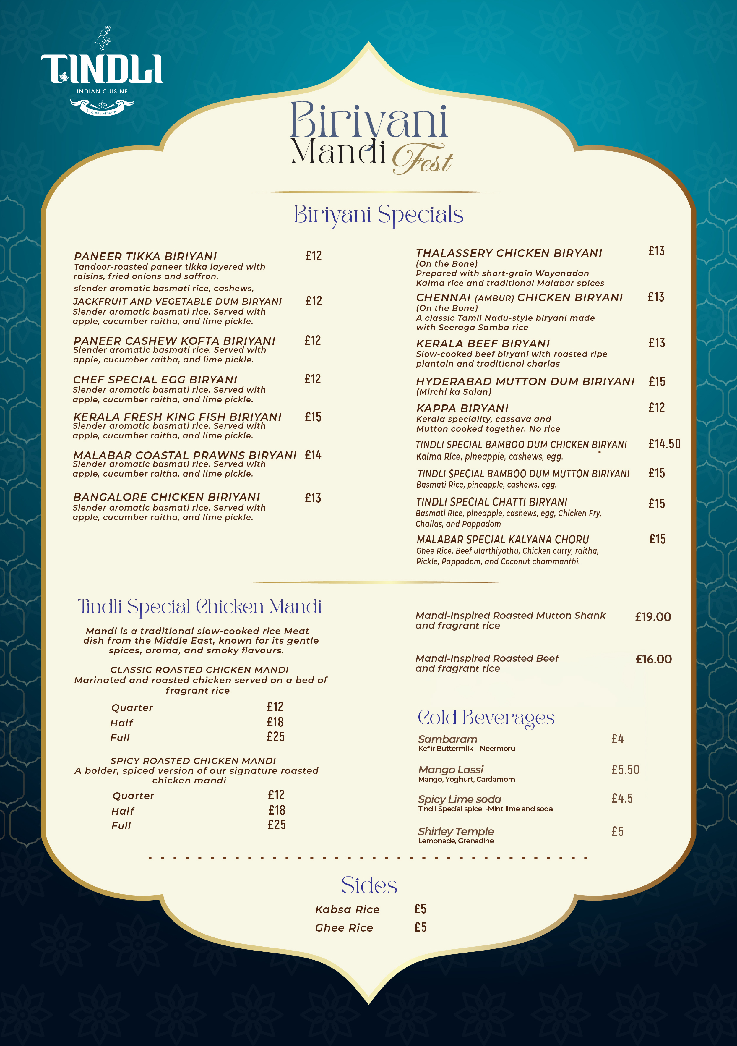 Biryani and Mandi Fest special menu at Tindli Croydon July 2026